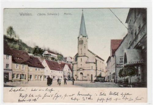 Wehlen Stadt Stadt Wehlen mit Markt gelaufen von 1905 kleiner Knick oben links, sonst gut erhalten.