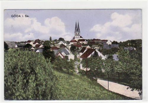Göda mit Gesamtansicht gelaufen, Datum nicht lesbar ca. 1910. Leichter Bug unten links, leicht fleckig, sonst gut erhalten.