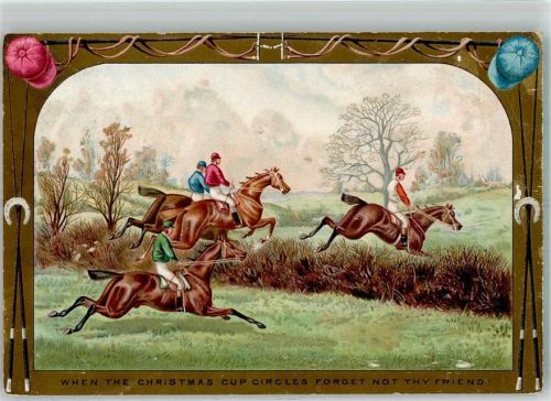 Jockeys auf ihren Pferden überqueren ein Hindernis Künstlerkarte