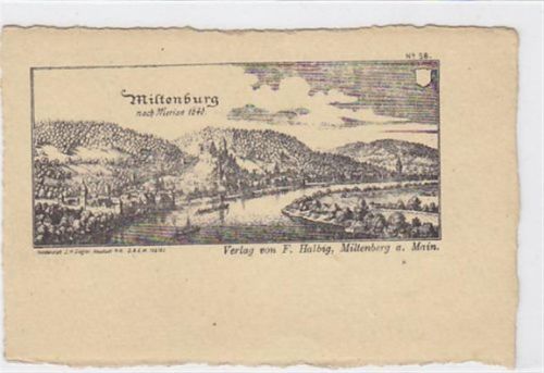 Federzeichnung von Miltenberg am Main. Totalansicht. Nach Merian 1640. Nr. 58. Verlag von F. Halbig - Miltenberg am Main. Ungelaufen. Gute Erhaltung.