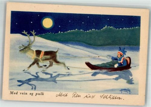 sign. Harrong Julekort Winter Rentier mit Schlitten bei Nacht