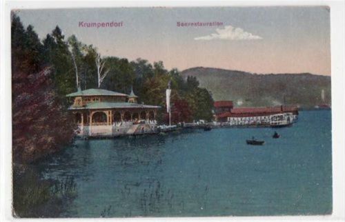 Krumpendorf mit Seerestaurant gelaufen von 1921 kleiner Knick am Rand oben in der Mitte, leichte Abschürfungen, sonst gut erhalten