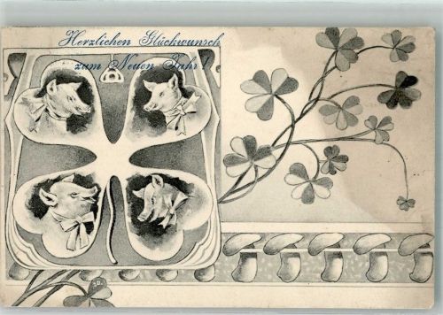 1907 Neujahr Glücksklee Pilze Jugendstil