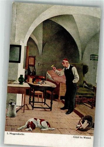 sign. Meggendorfer Alter Mann mit Vogel und Hund in der Stube