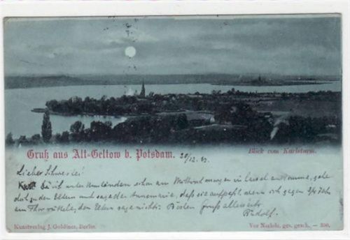 Mondscheinkarte Gruß aus Alt-Geltow b. Potsdam mit Blick vom Karlsturm gelaufen 1897. Leichte Stempelspuren kleiner Bug. Vorder- und Rückseite leicht stockfleckig.