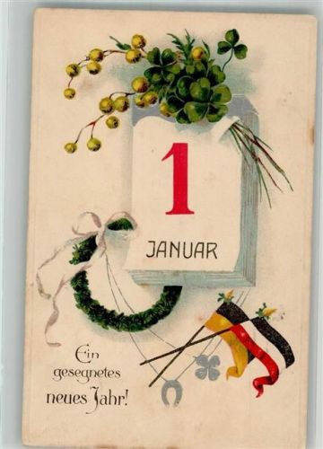 Neujahr Kalenderblatt 1. Januar Schwarz-Weiß-Rote und Schwarz-Gelbe Fahne Glücksklee Hufeisen WK I ASB Serie 317