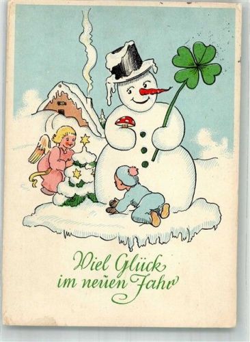1940 Kind und Engel mit lachendem Schneemann Glücksklee Fliegenpilz