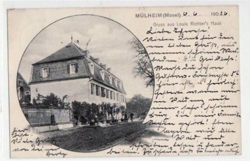 Mühlheim a.d. Mosel mit Louis Richter´s Haus gelaufen von 1906. Leichter Stempeldurchdruck, leicht fleckig, sonst gut erhalten