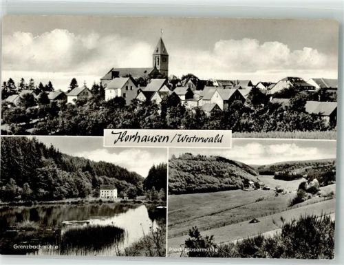 56593 W5453 Horhausen Westerwald Foto AK Panorama des Ortes mit Kirche St. Maria Magdalena Pleckhäusermühle Grenzbachmühle