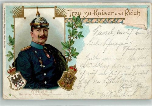 1899 Prägedruck Portrait des Kaisers in Uniform Lorbeer Reichsadler Krone Jugendstil Lithographie Künstlerkarte