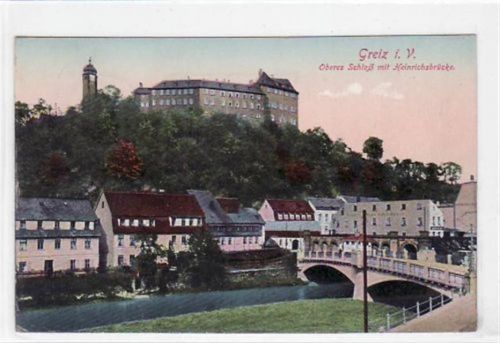 Greiz Greiz i. V. mit Oberem Schloß und Heinrichsbrücke gelaufen von 1930. leichte Eckabschürfungen und Rändern, sonst gut erhalten.