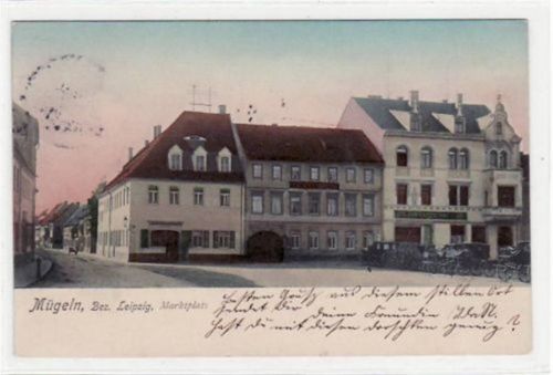 Mügeln Mügeln mit Marktplatz gelaufen von 1905. Leichte Stempelspuren, sonst gut erhalten.