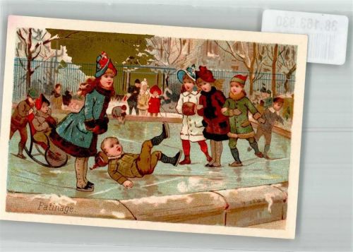 Paris Kinder beim Eislauf Muff Informationskarte Werbung Kaufhaus Au bon Marche Maison Aristide Boucicaut