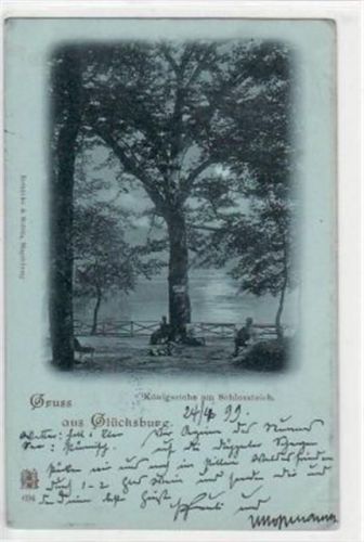 Glücksburg Glücksburg, Mondscheinkarte mit Königseiche am Schlossteich gelaufen, 1899. Ecken mit Albumabdrücken, sonst gut erhalten
