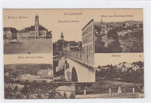 Königsbrück Königsbrück. Markt Rathaus Historische Brücke Blick auf das neue Lager Blick vom Scheibigen Berge und Käbnitz gelaufen am 7.6.1921. Gute Erhaltung.