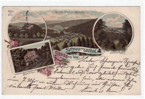 Lithographie Gruß aus dem Schwarzathal weiße Hirsch vom Helenensitz, Schloss vom Eichberg, Schloss von Süden und Schweizerhaus gelaufen von 1904, Marke entfernt. Gute Erhaltung.