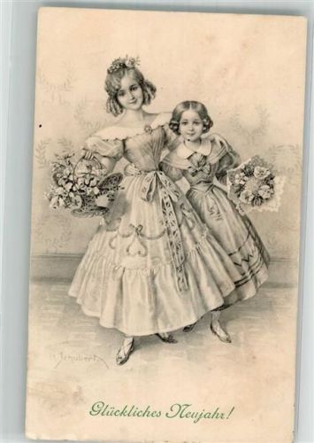 1913 Neujahr Zwei Mädchen in eleganten Kleidern M. Munk Nr. 342