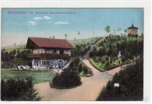 Mühlhausen mit Stadtpark - Restaurant Parkhaus gelaufen von 1911. leichte Eckabschürfungen und Rändern, leichter Stempeldurchdruck, sonst gut erhalten.