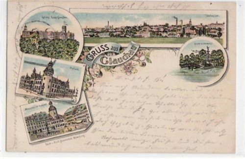 Glauchau Glauchau, Lithographie mit 5 Abbildungen gelaufen von 1896. Gute Erhaltung.