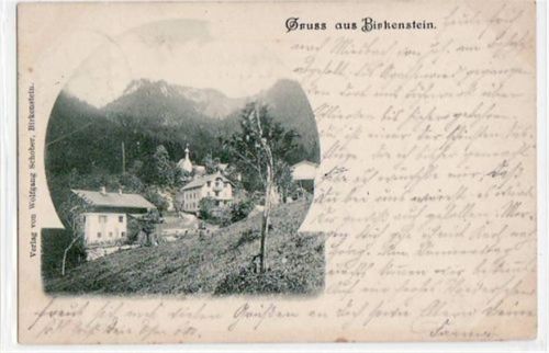 Birkenstein mit Teilansicht gelaufen von 1902. Albumabdrücke an den Ecken leicht stockfleckig, sonst gut erhalten