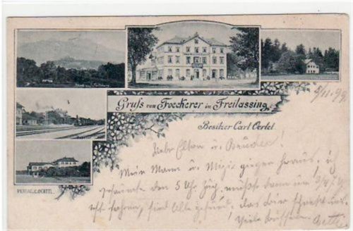 Freilassing mit Gruss vom Foecherer, 5 Abbildungen gelaufen von 1899 kleiner Knick unten rechts, leicht fleckig, sonst gut erhalten