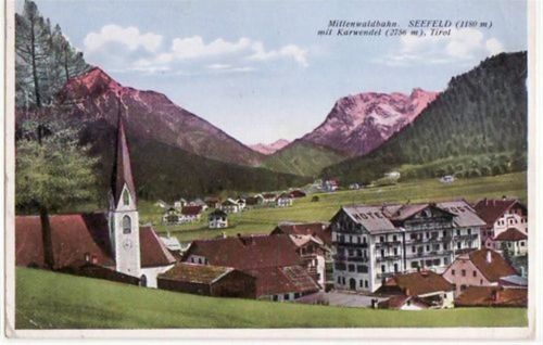 Seefeld Seefeld an der Mitterwaldbahn mit Karwendel gelaufen von 1927. Leicht bügig, leicht fleckig, kleiner Knick unten links, leichte Eckabschürfungen, sonst gut erhalten