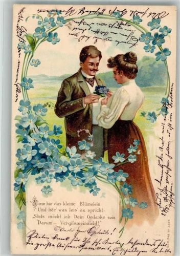1904 Junger Mann ünerreicht seiner Liebsten einen Veilchenstrauß Poesie / Liebe