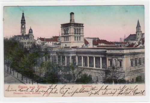 Zittau Zittau mit Stadtbad gelaufen von 1904. Ecken mit Albumabdrücken, leicht fleckig, sonst gut erhalten.