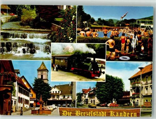 Kandern Marktplatz mit Marktplatzbrunnen und Kirche St. Clemens Löwen-Apotheke Schwimmbad Dampflokomotive