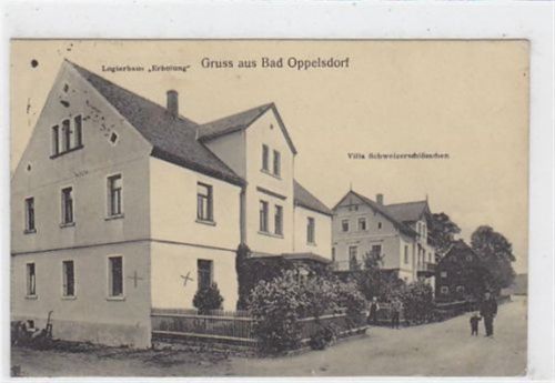 Bad Oppelsdorf - Opolno Zdrój / Kreis Görlitz - Zgorzelec mit Logierhaus Erholung und Villa Schweizerschlösschen. 1918 Feldpost Leichte Stempelspuren, sonst gut erhalten