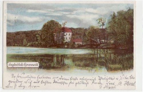 Berlin Wilmersdorf, Grunewald, Lithographie mit Jagdschloss gelaufen von 1900. Gute Erhaltung.