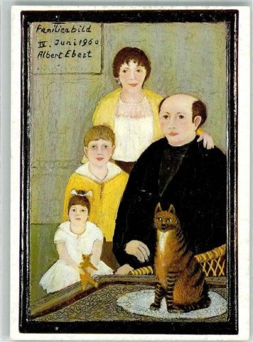 sign. Ebert Albert Familienbild mit Katze Künstler Künstlerkarte