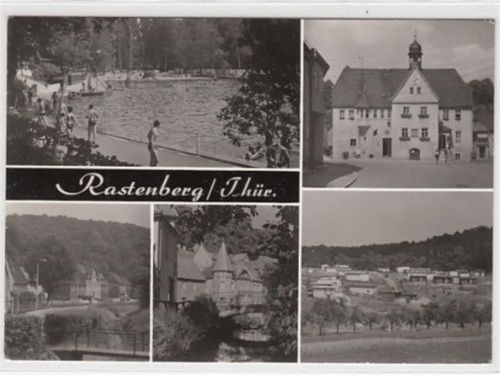 Rastenberg in Thüringen mit Schwimmbad und Rathaus gelaufen, 1983. Gute Erhaltung.