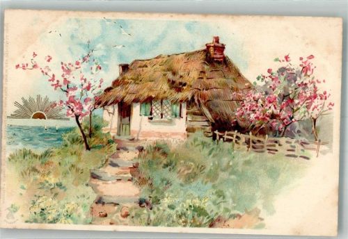 Reetgedecktes Bauernhaus an einem Gewässer in Sommerlandschaft Sonnenschein-Postkarte Serie IV Nr. 99115