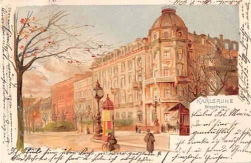 Karlsruhe Karlsruhe, Lithographie. Kriegstraße gelaufen. Ecken mit Albumabdrücken, sonst gut erhalten