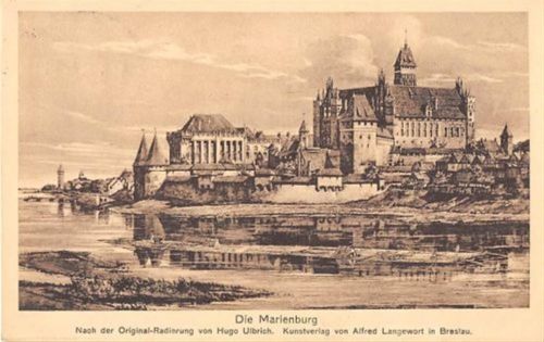 Marienburg Marienburg / Malbork. Marienburg nach der Original-Radierung von Hugo Ulbrich. Kunstverlag von Alfred Langewort in Breslau. Deutscher Ostmarken-Verein e. V., geründet 1894 gelaufen. Gute Erhaltung.