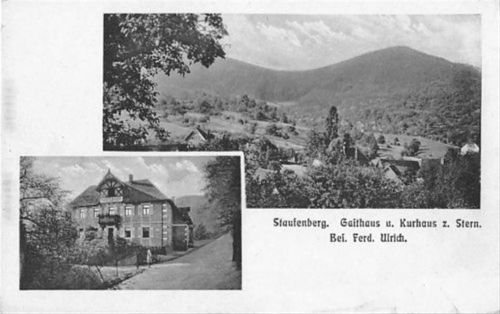 Staufenberg. Totale mit Gasthaus und Kurhaus zum Stern ungelaufen kleiner Knick unten rechts, leicht fleckig, sonst gut erhalten