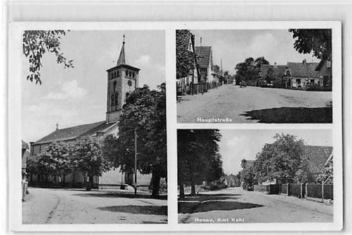 Honau mit Hauptstraße und Kirche gelaufen. Leichter Stempeldurchdruck, leicht fleckig, sonst gut erhalten