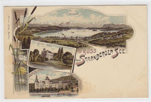 Lithographie Gruss vom Starnberger See, Schloss Berg und Leoni ungelaufen Leicht stockfleckig. Leichte Abdrücke an den Ecke n vom Album, sonst gut erhalten