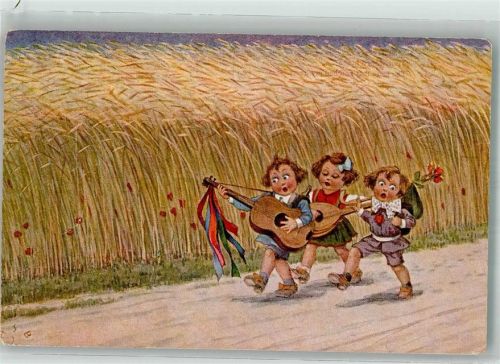 Drei Kinder mit Gitarre und Laute auf Feldwegen neben wogenden Kornfeld