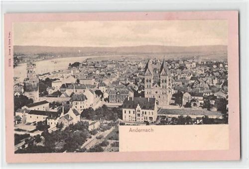 Rahmenpostkarte Andernach. Gesamtansicht mit Kirche ungelaufen Ecken mit Albumabdrücken, sonst gut erhalten