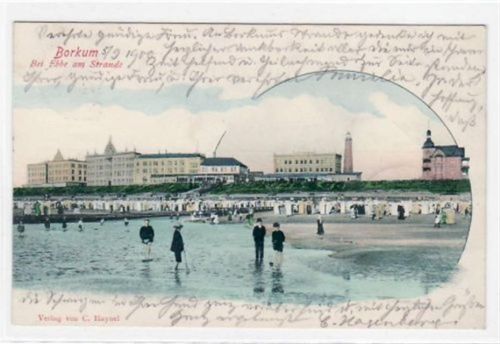 Borkum Borkum bei Ebbe am Strand gelaufen, 1900. Leichter Schrift- und Stempeldurchdruck, sonst gut erhalten