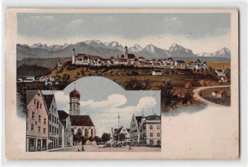 Künstlerkarte Schongau mit Blick auf die Kirche gelaufen. Leichter Stempeldurchdruck, leichte Randmängel, leicht fleckig, sonst gut erhalten