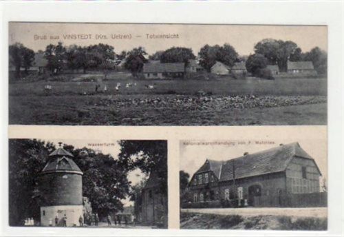 Vinstedt mit Kolonialwarenhandlung von F. Matthies u. Wasserturm. Feldpost, Stempel von 1917. Gute Erhaltung.