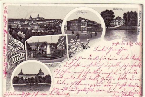 Gotha Gruß aus Gotha. Totalansicht Hoftheater Museum Schloßberg und Schloß Friedenstein gelaufen 1898. Oxydationsspuren rechter Rand, sonst gut erhalten.