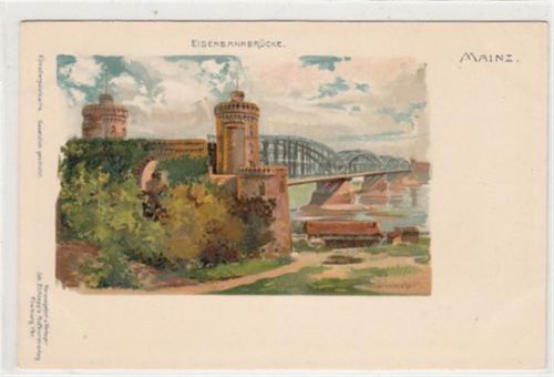 Mainz Mainz, Lithographie. Eisenbahnbrücke ungelaufen um 1900 Ecken mit Albumabdrücken, sonst gut erhalten
