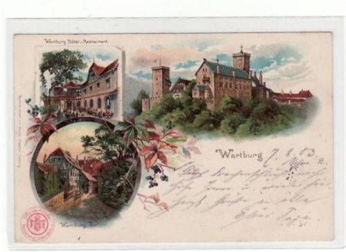 Wartburg Wartburg bei Eisenach i. Thür. Wartburg Hotel-und Restaurant, sowie der Hof der Wartburg gelaufen 1903. Leichte Stempelspuren Vorderseite, sonst gut erhalten.