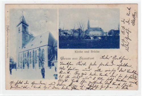 Staßfurt Staßfurt mit Kirche und Brücke gelaufen von 1900. An den Ecke n leichte Abdrücke vom Album, leicht stockfleckig, sonst gut erhalten.