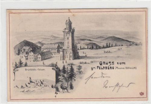 Gruß vom großen Feldberg im Taunus, Künstlerkarte mit Brunhildis-Felsen gelaufen, 1909 kleiner Knick unten rechts, leichter Schrift- und Stempeldurchdruck, Vorder- und Rückseite stockfleckig, sonst gut erhalten