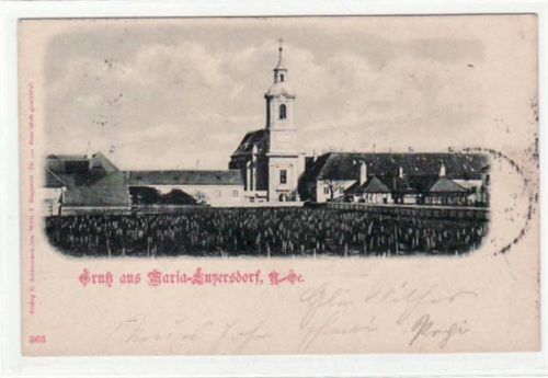 AK Gruß aus Maria Enzersdorf. Partie mit Kirche gelaufen am 29.12.1901. Leichte Stempelspuren, sonst gut erhalten.